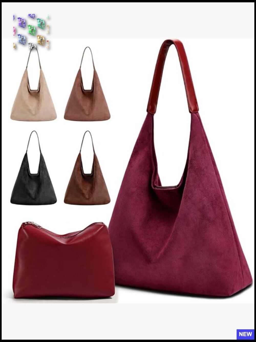 2-Piece Vegan Leather Purse Set - Slouchy Hobo & Suede Tote Bag - Women's